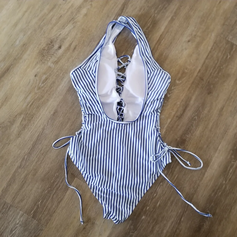 NWT Holipick Blue White Stripe Sexy Lace Up Two Way One Piece Swimsuit Size L D3